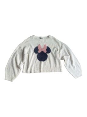DISNEY Minnie Mouse White Bow Fuzzy Cropped Long Sleeve Sweater Sz Large NWT